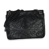 Saint Laurent Black Crinkled Calfskin Matelasse Medium Niki Chain Satchel Handbag id