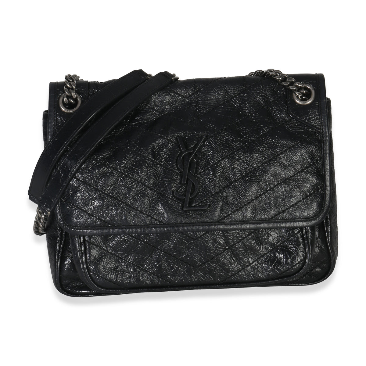 Saint Laurent Black Crinkled Calfskin Matelasse Medium Niki Chain Satchel Handbag id