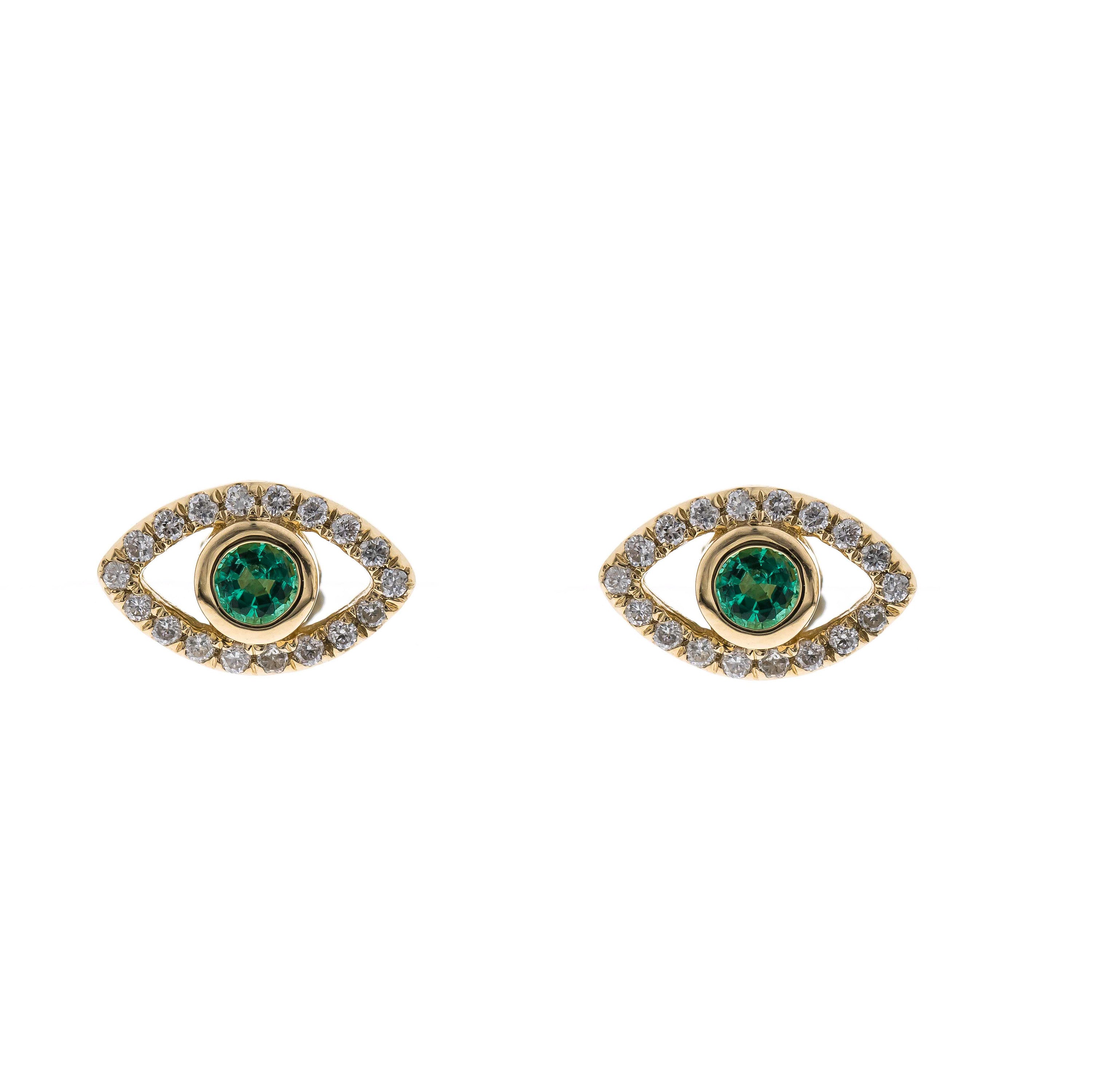 myGemma Yellow Gold Emerald and Diamond Evil Eye Earrings fv