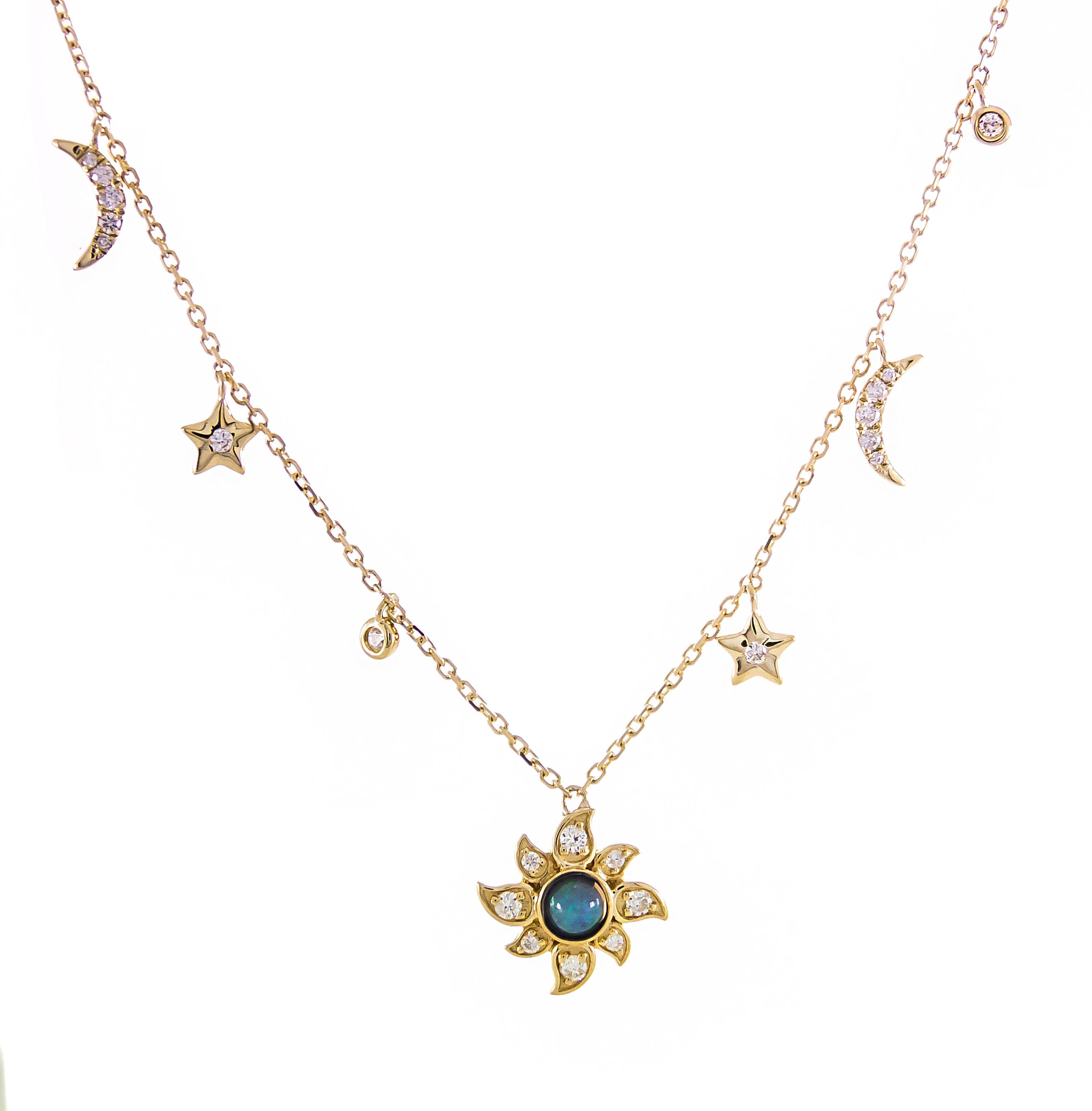 myGemma Yellow Gold Opal and Diamond Sun, Moon & Stars Necklace fv