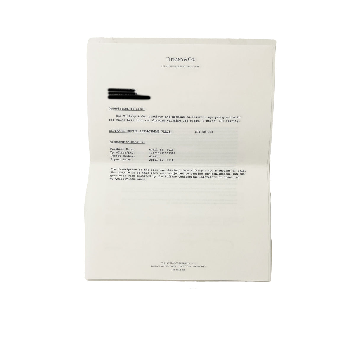 Tiffany & Co. 0.88 ct Round Brilliant Diamond Engagement Ring stamp