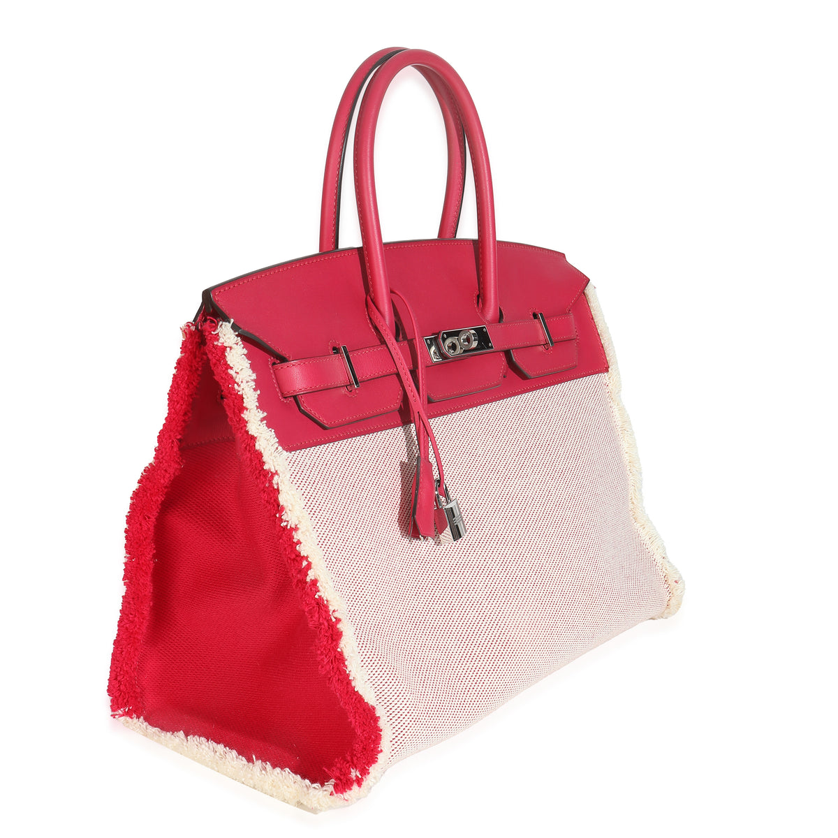 Hermès Framboise Ecru Swift Twill H Fray Fray Birkin 35 PHW Handbag pv