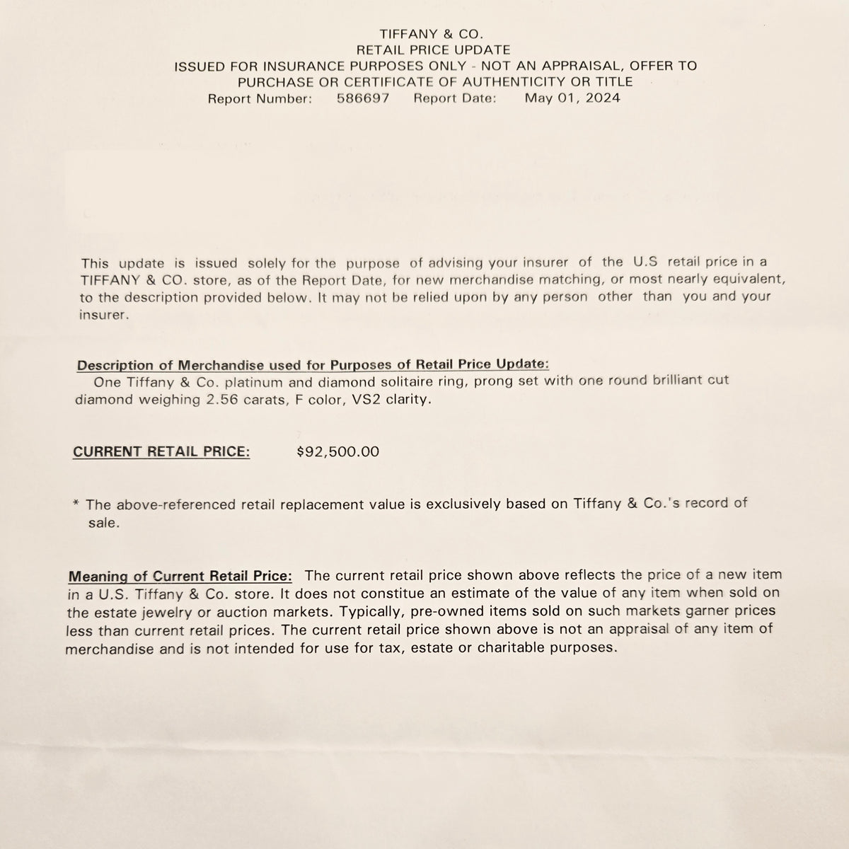 Tiffany & Co. 2.56 ct Round Brilliant Diamond Engagement Ring stamp