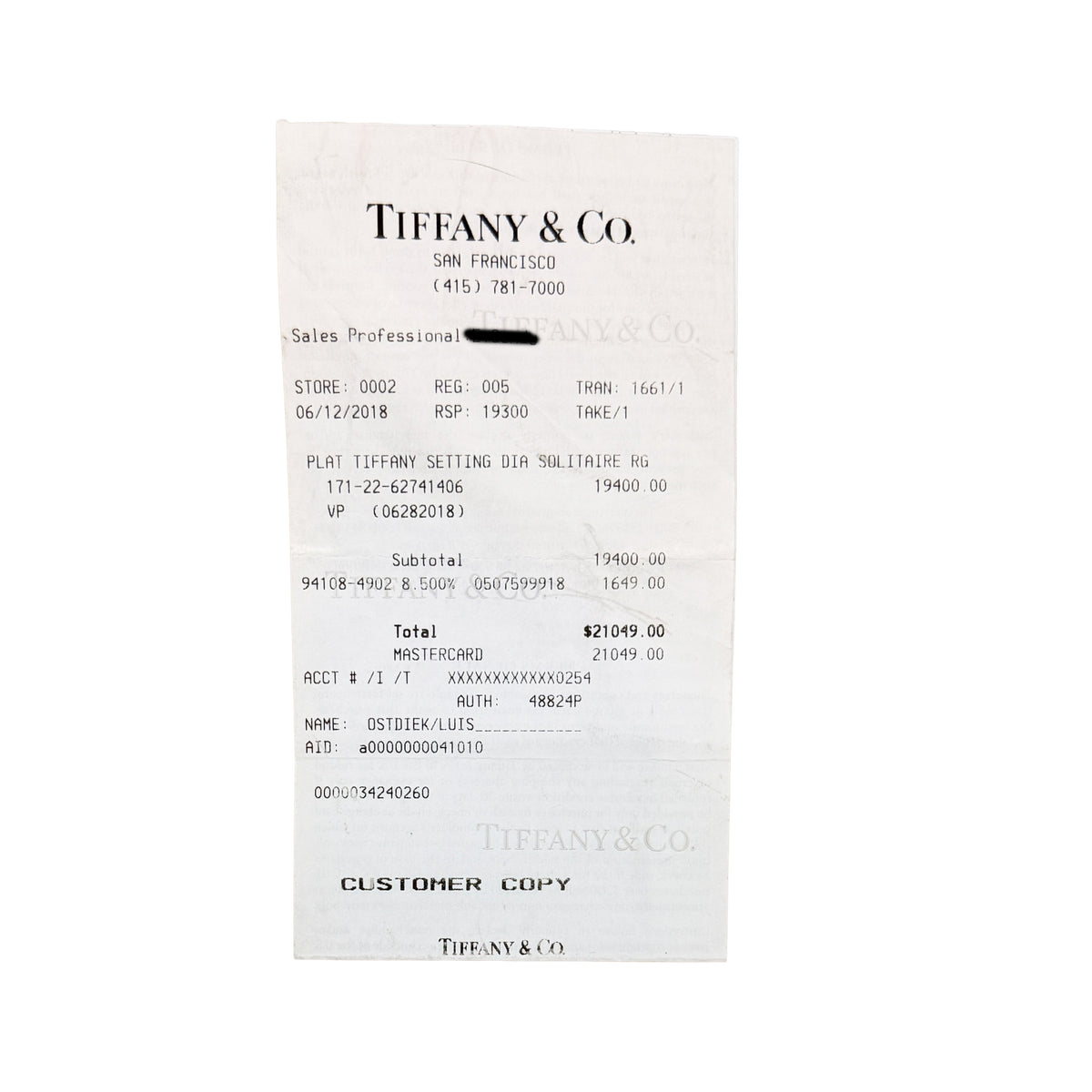 Tiffany & Co. 1.28 ct Round Brilliant Diamond Engagement Ring stamp