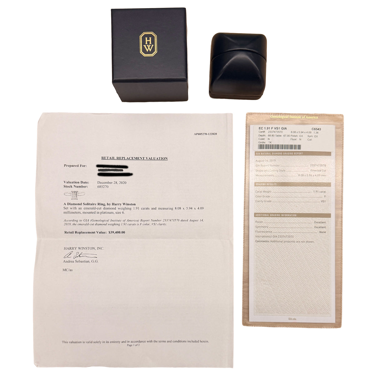 Harry Winston 1.91 ct Emerald Diamond Solitaire Engagement Ring box