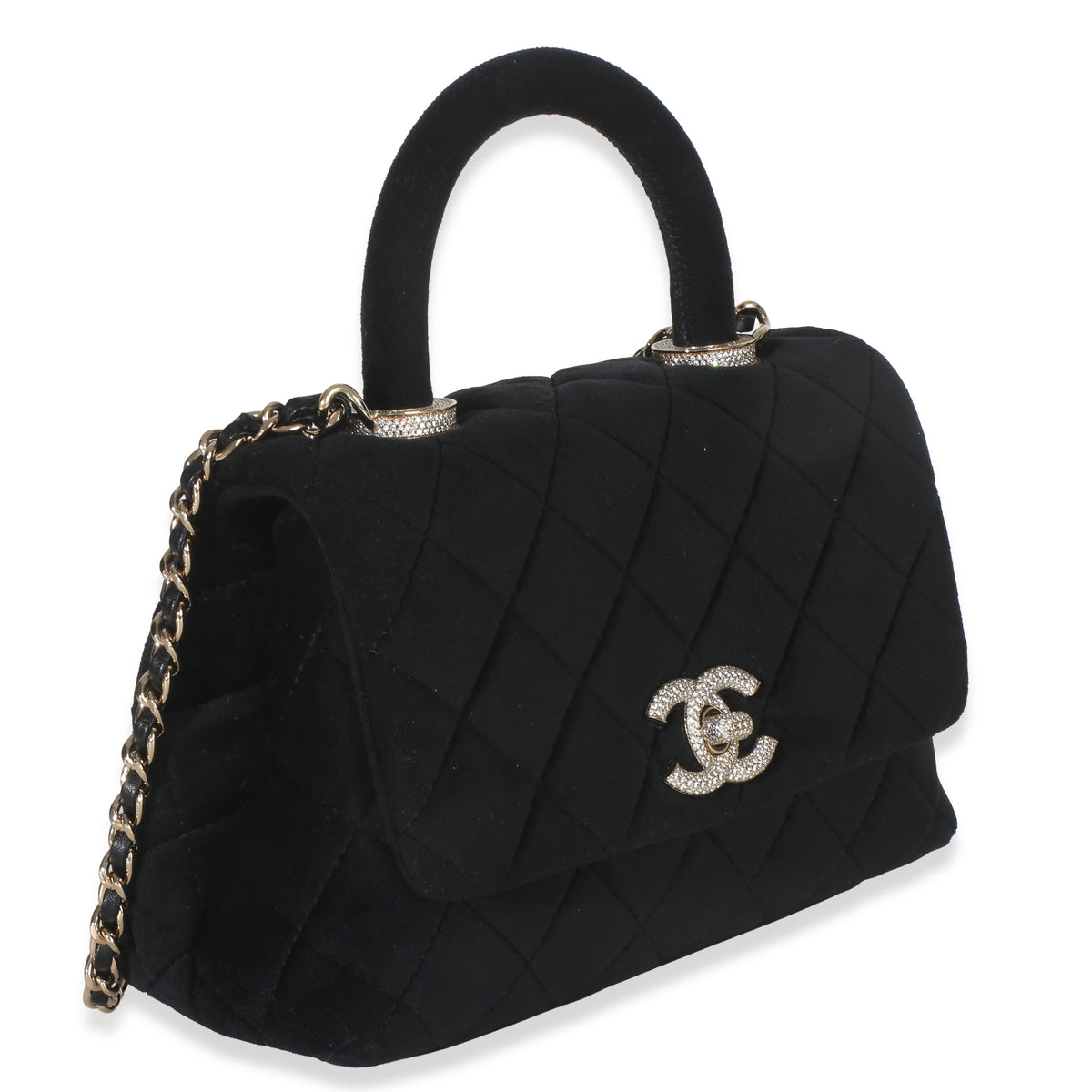 Chanel Black Quilted Velvet Crystal Extra Mini Coco Handle Flap Bag Handbag bv