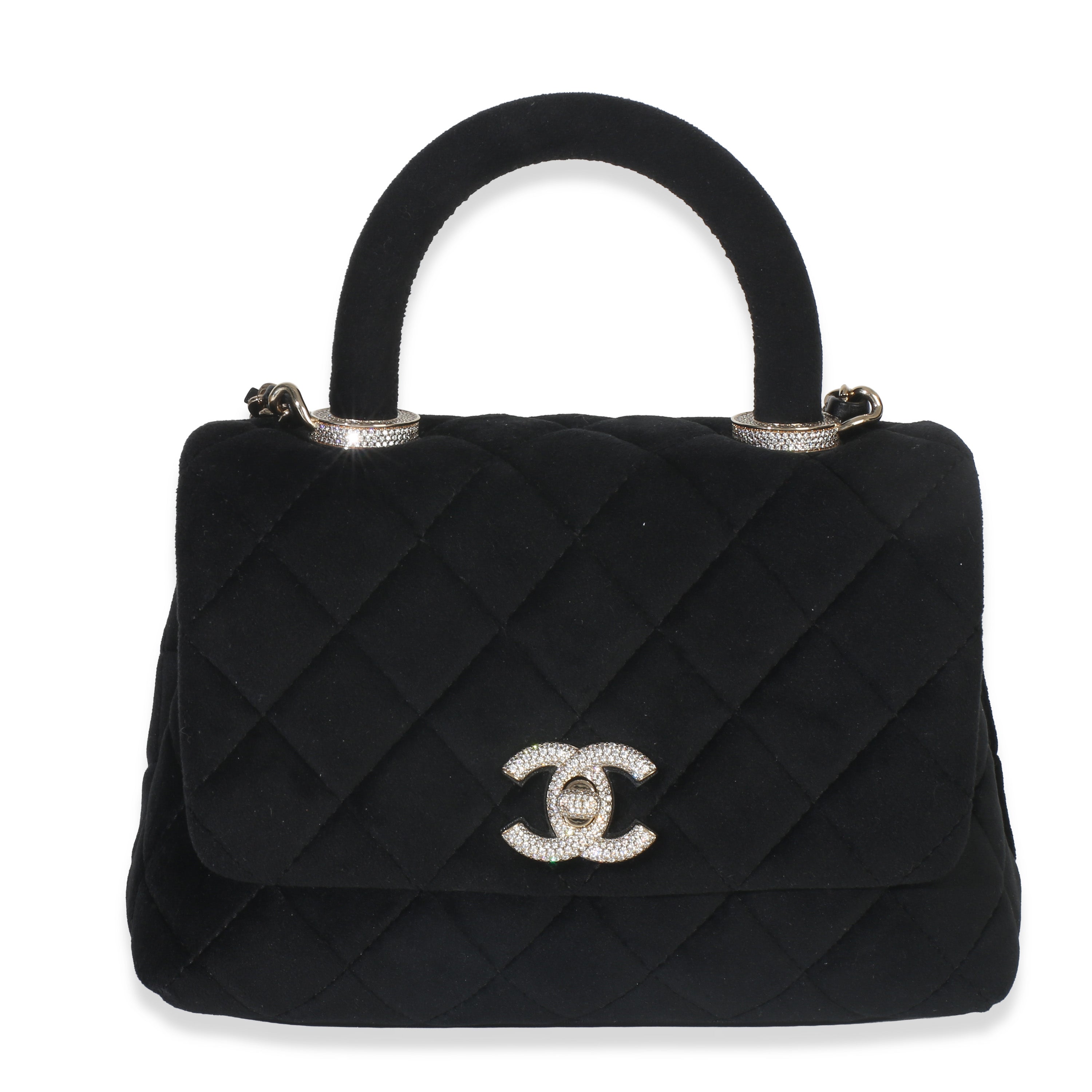 Chanel Black Quilted Velvet Crystal Extra Mini Coco Handle Flap Bag Handbag fv