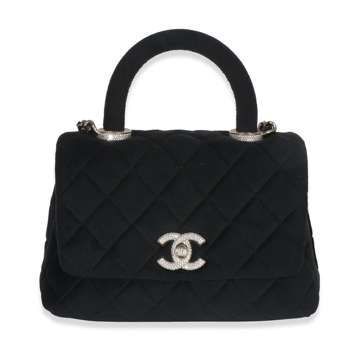 Chanel Black Quilted Velvet Crystal Extra Mini Coco Handle Flap Bag Handbag fv