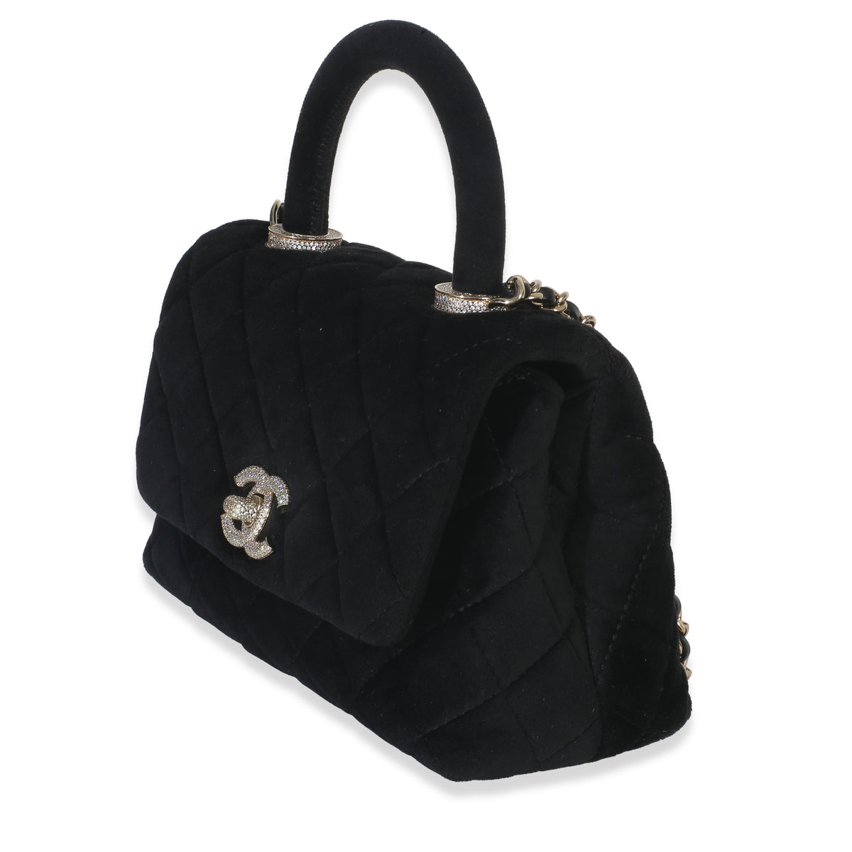 Chanel Black Quilted Velvet Crystal Extra Mini Coco Handle Flap Bag Handbag pv