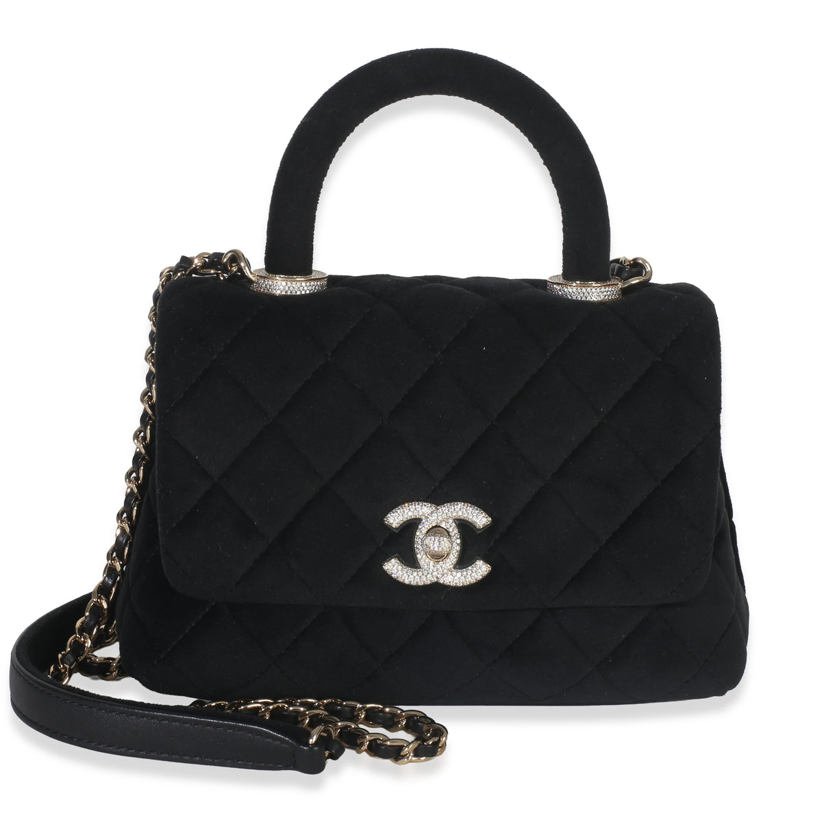 Chanel Black Quilted Velvet Crystal Extra Mini Coco Handle Flap Bag Handbag sv