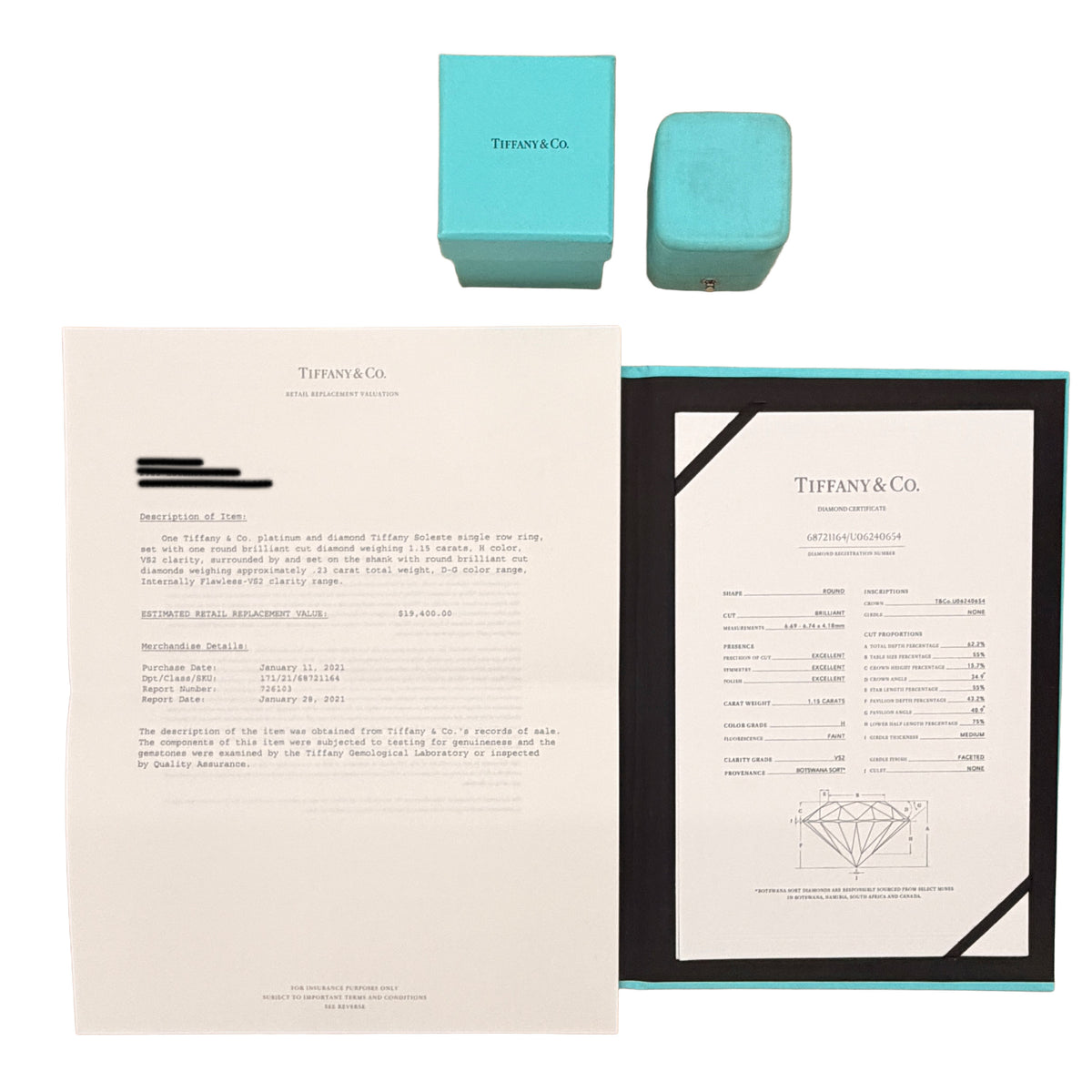 Tiffany & Co. 1.15 ct Round Brilliant Diamond Soleste Engagement Ring box