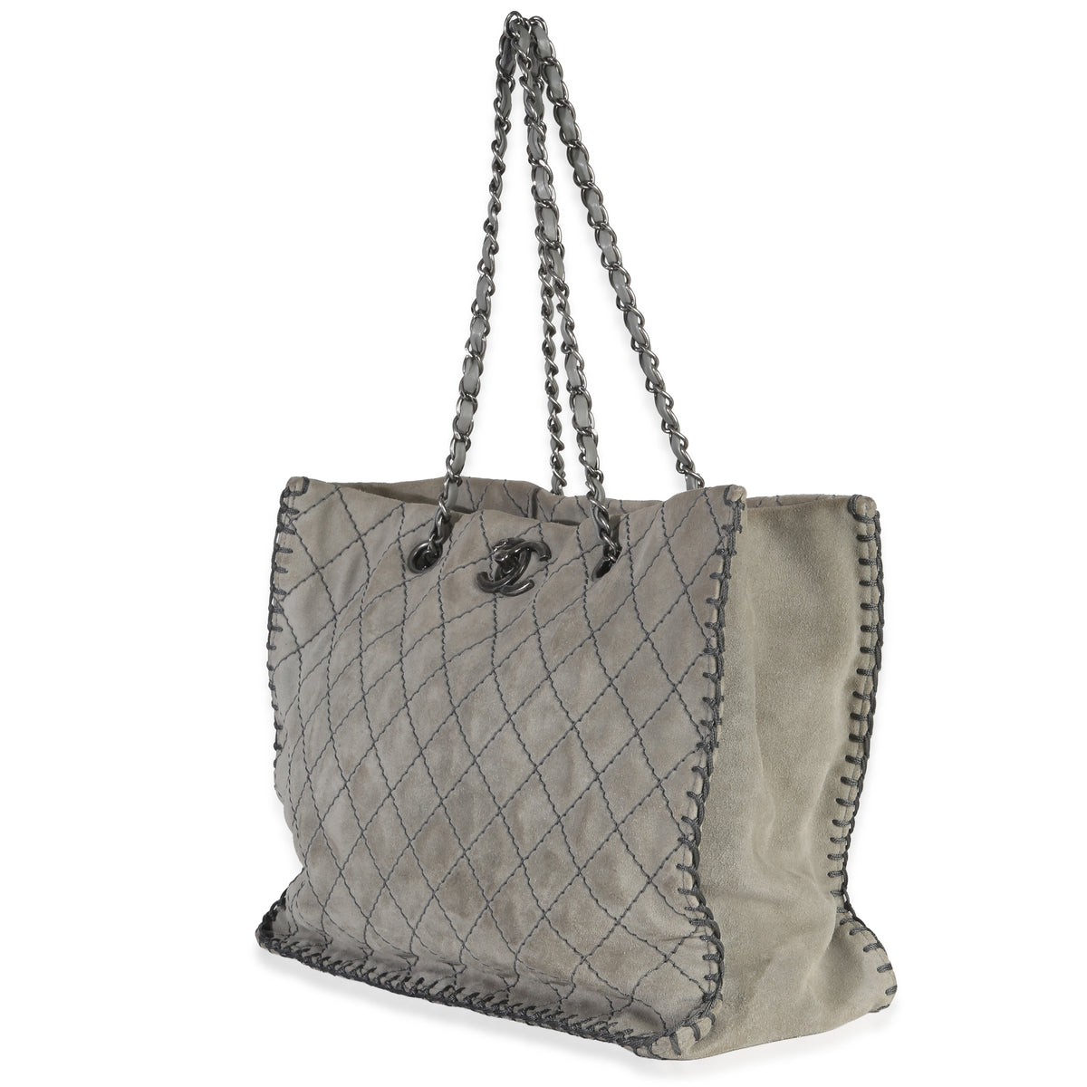 Chanel Grey Quilted Suede Wild Stitch Jumbo CC Tote Handbag sv