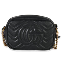 Gucci Black Calfskin Matelasse Mini GG Marmont Chain Shoulder Bag Handbag bv