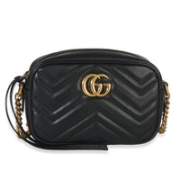 Gucci Black Calfskin Matelasse Mini GG Marmont Chain Shoulder Bag Handbag fv