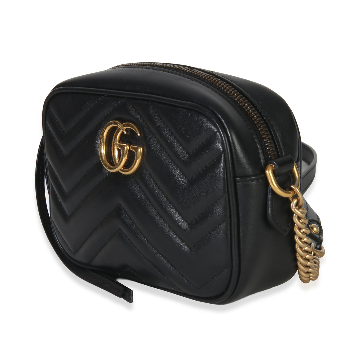 Gucci Black Calfskin Matelasse Mini GG Marmont Chain Shoulder Bag Handbag sv