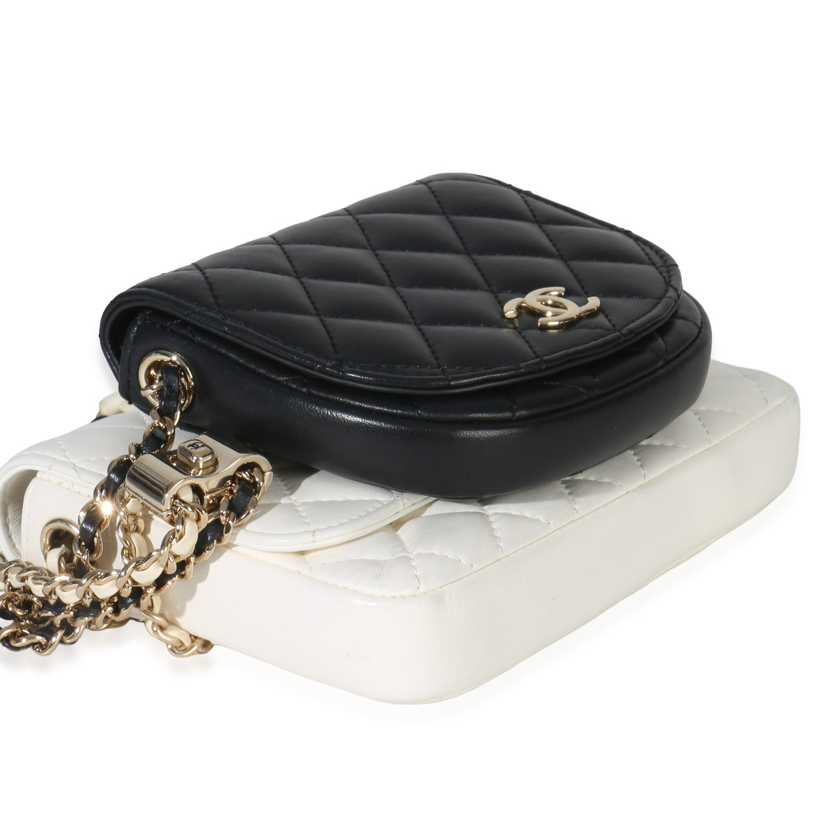 Chanel White Black Quilted Lambskin Small Side Packs Flap Bag Handbag clasp