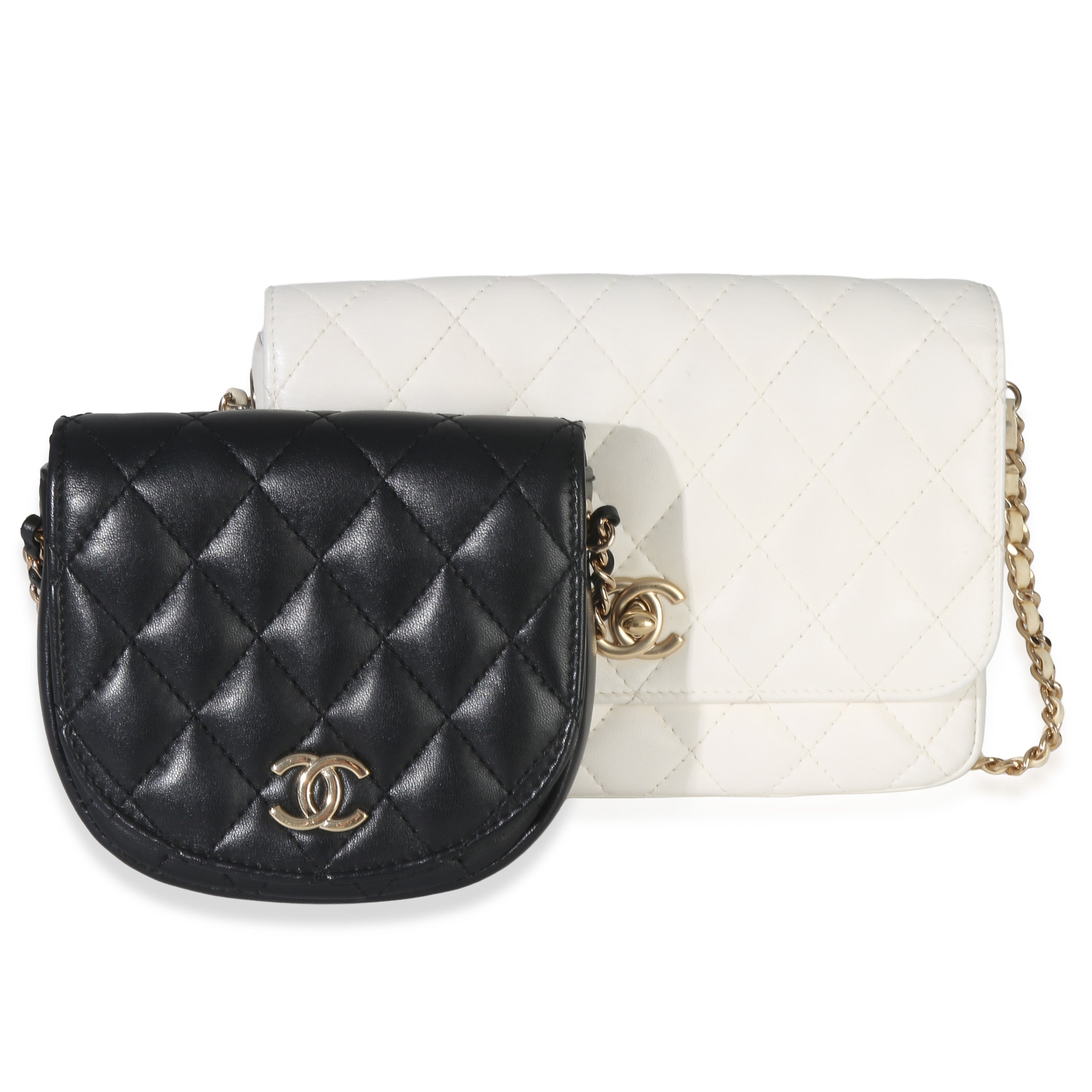 Chanel White Black Quilted Lambskin Small Side Packs Flap Bag Handbag fv