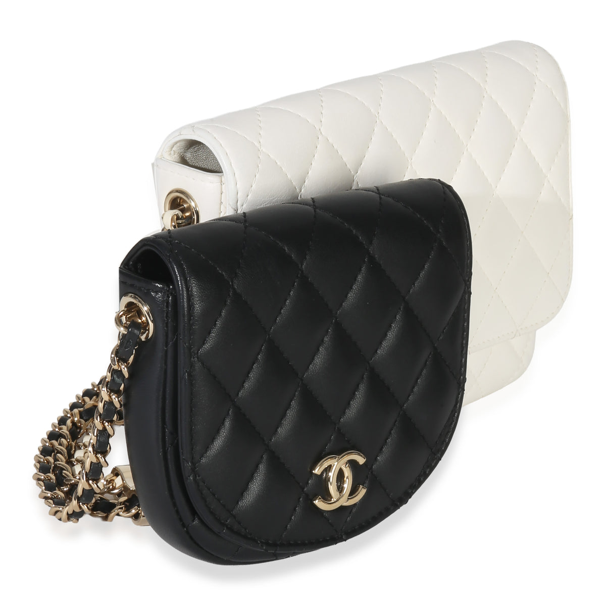 Chanel White Black Quilted Lambskin Small Side Packs Flap Bag Handbag sv
