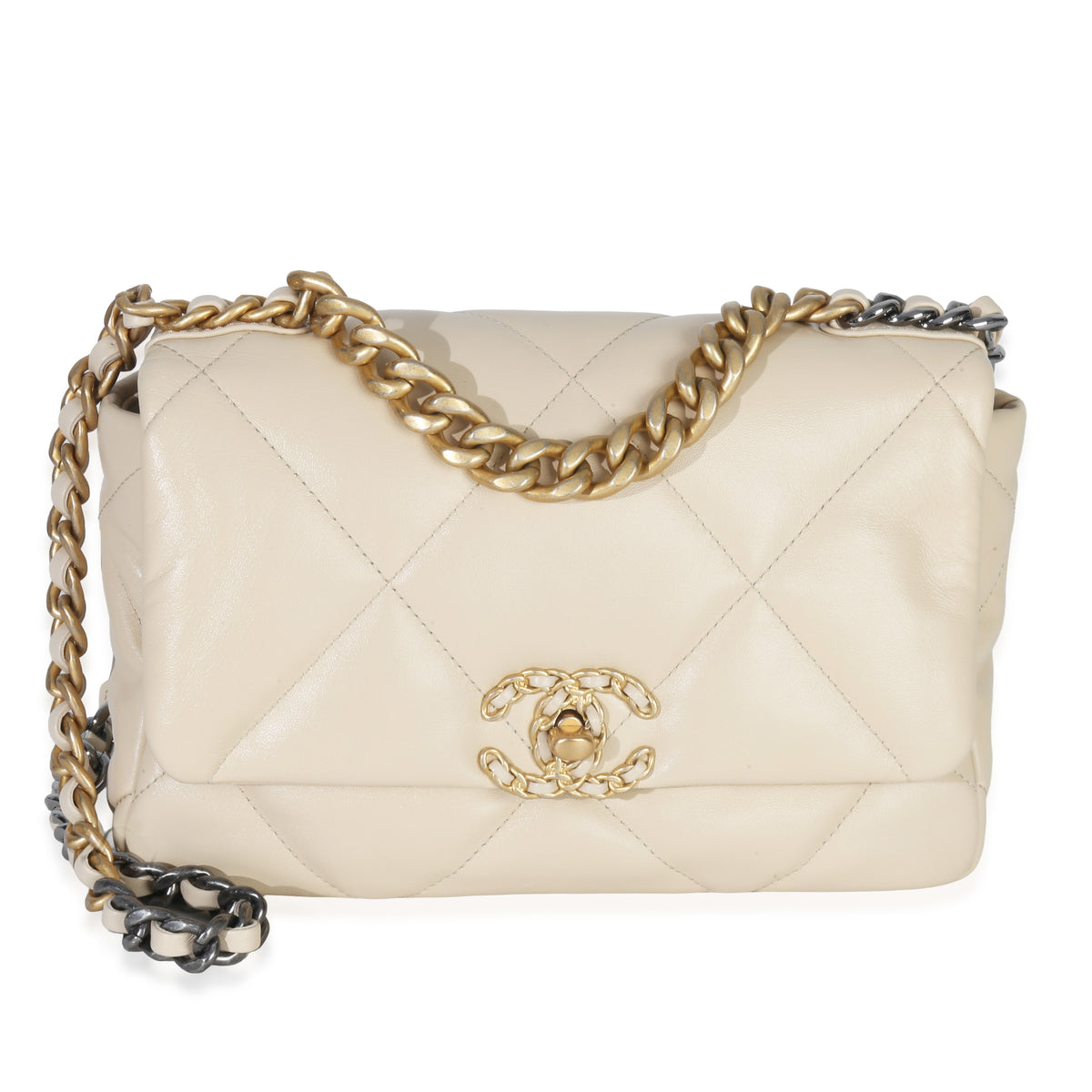 Chanel Beige Quilted Lambskin Medium  19 Flap Bag Handbag fv