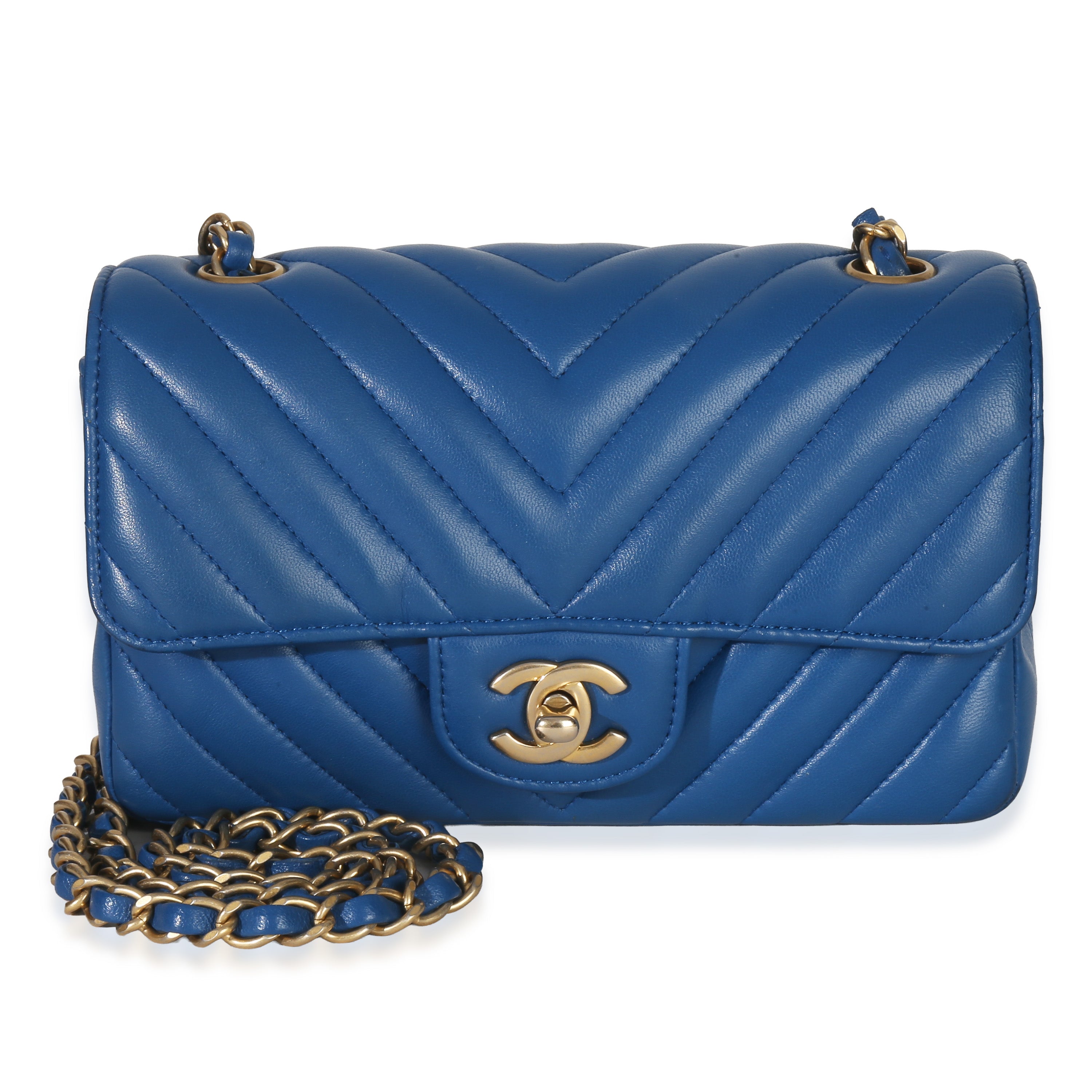 Chanel Blue Lambskin Chevron Mini Rectangular Flap Bag Handbag fv