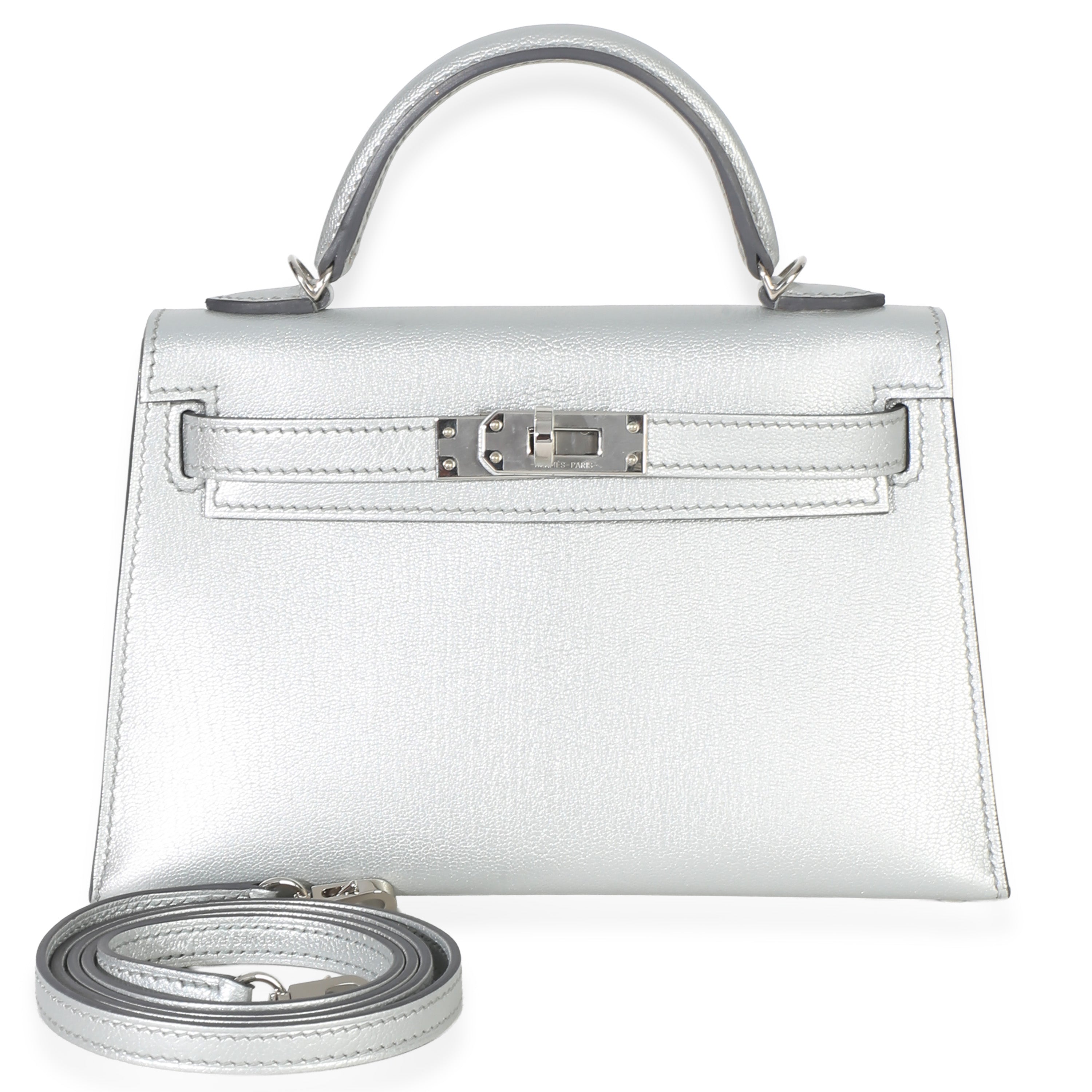 Hermès Argent Metallic Chevre Chamkilight Sellier Mini Kelly II 20 PHW Handbag fv
