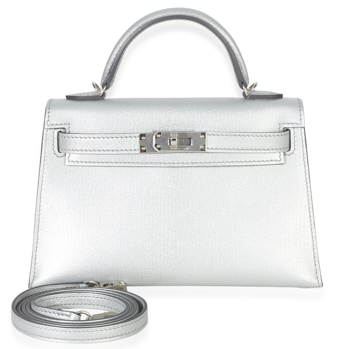 Hermès Argent Metallic Chevre Chamkilight Sellier Mini Kelly II 20 PHW Handbag fv