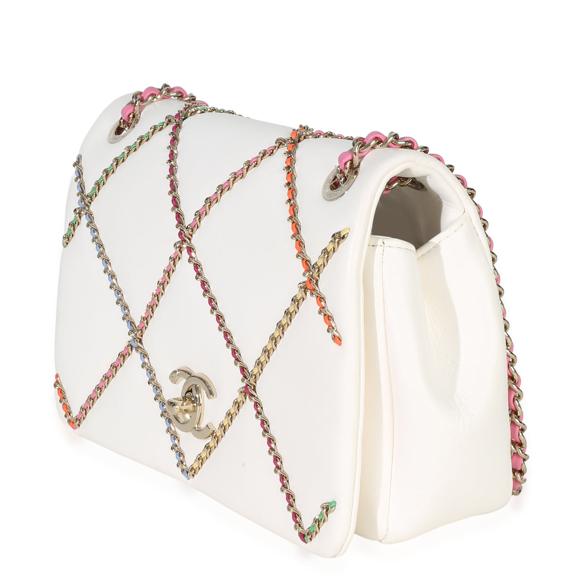 Chanel White Lambskin Multicolor Chain Intertwined Small Flap Bag Handbag sv