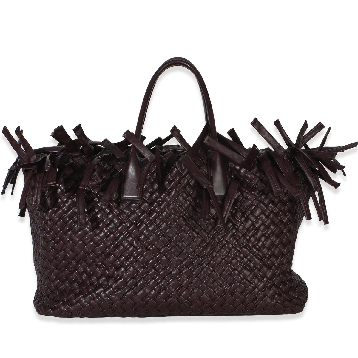 Bottega Veneta Burgundy Nappa Intrecciato Fringe Oversized Cabat Tote Handbag bv