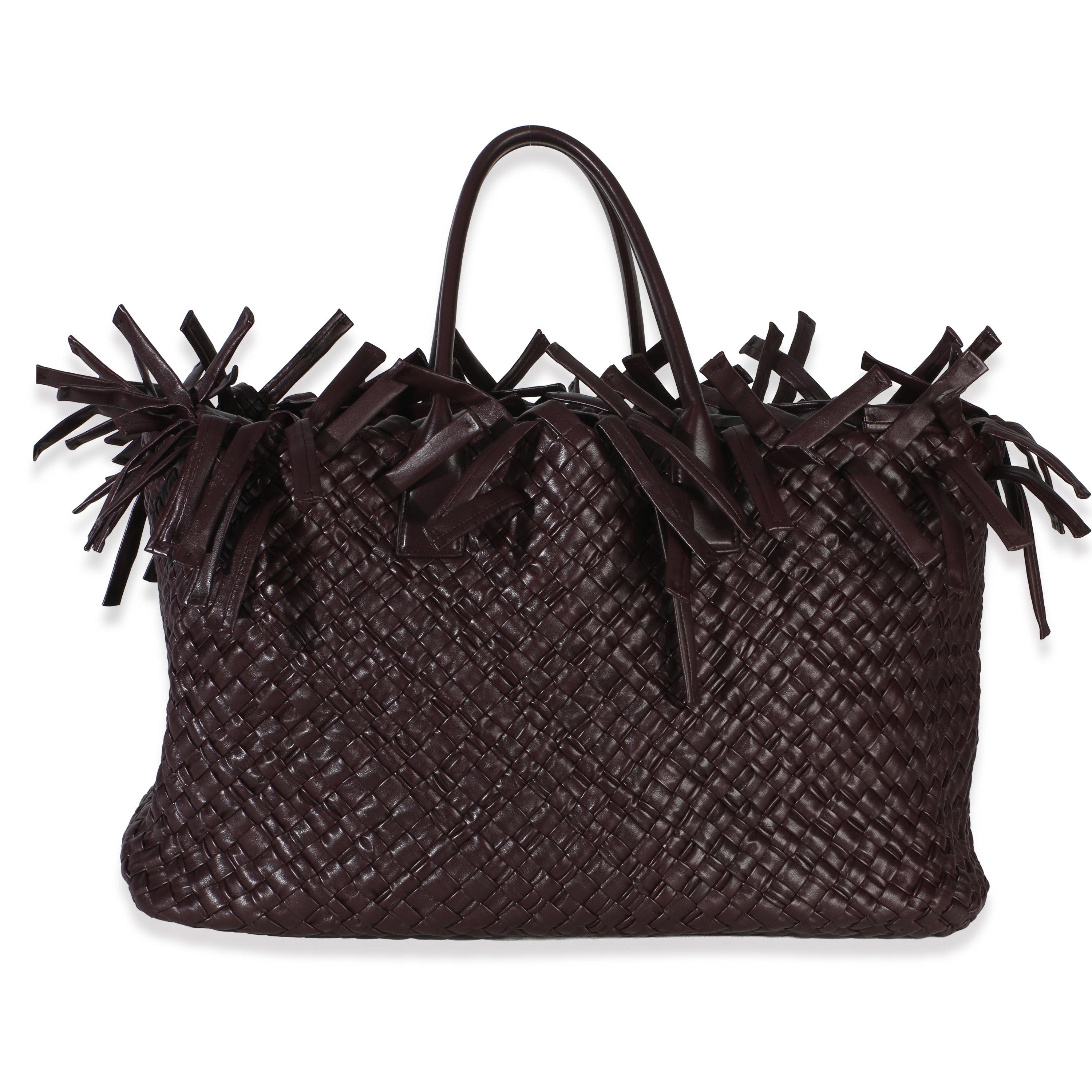 Bottega Veneta Burgundy Nappa Intrecciato Fringe Oversized Cabat Tote Handbag fv