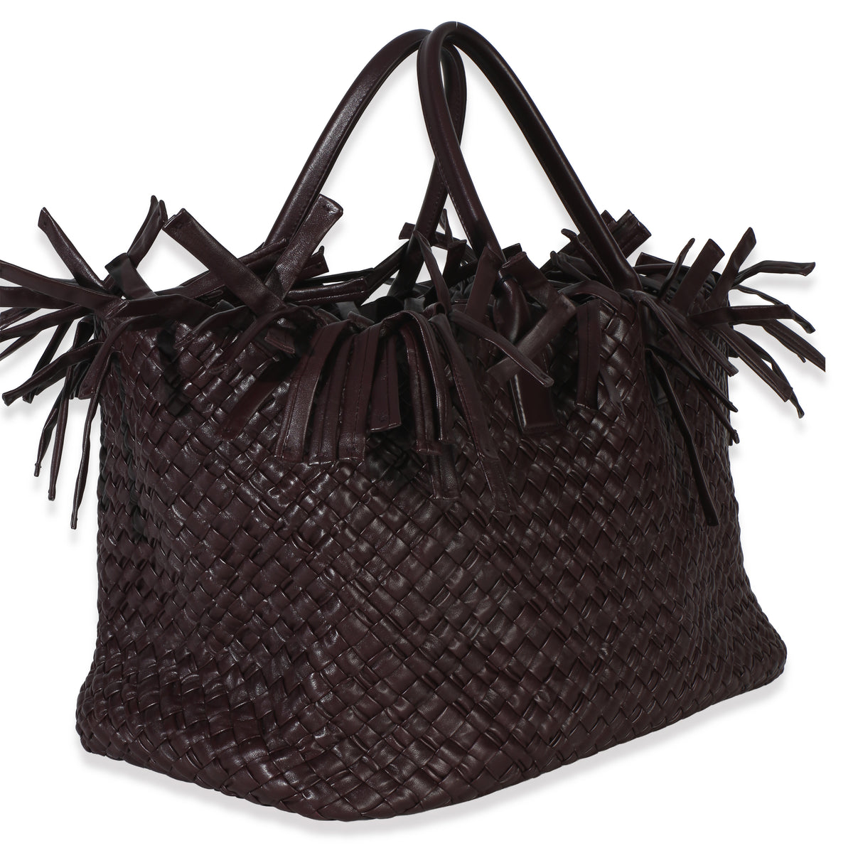 Bottega Veneta Burgundy Nappa Intrecciato Fringe Oversized Cabat Tote Handbag pv