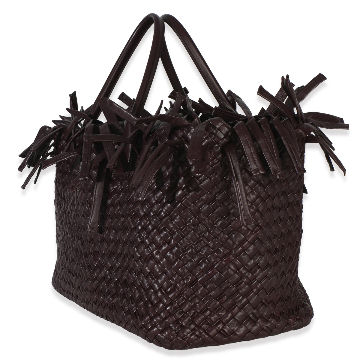 Bottega Veneta Burgundy Nappa Intrecciato Fringe Oversized Cabat Tote Handbag sv