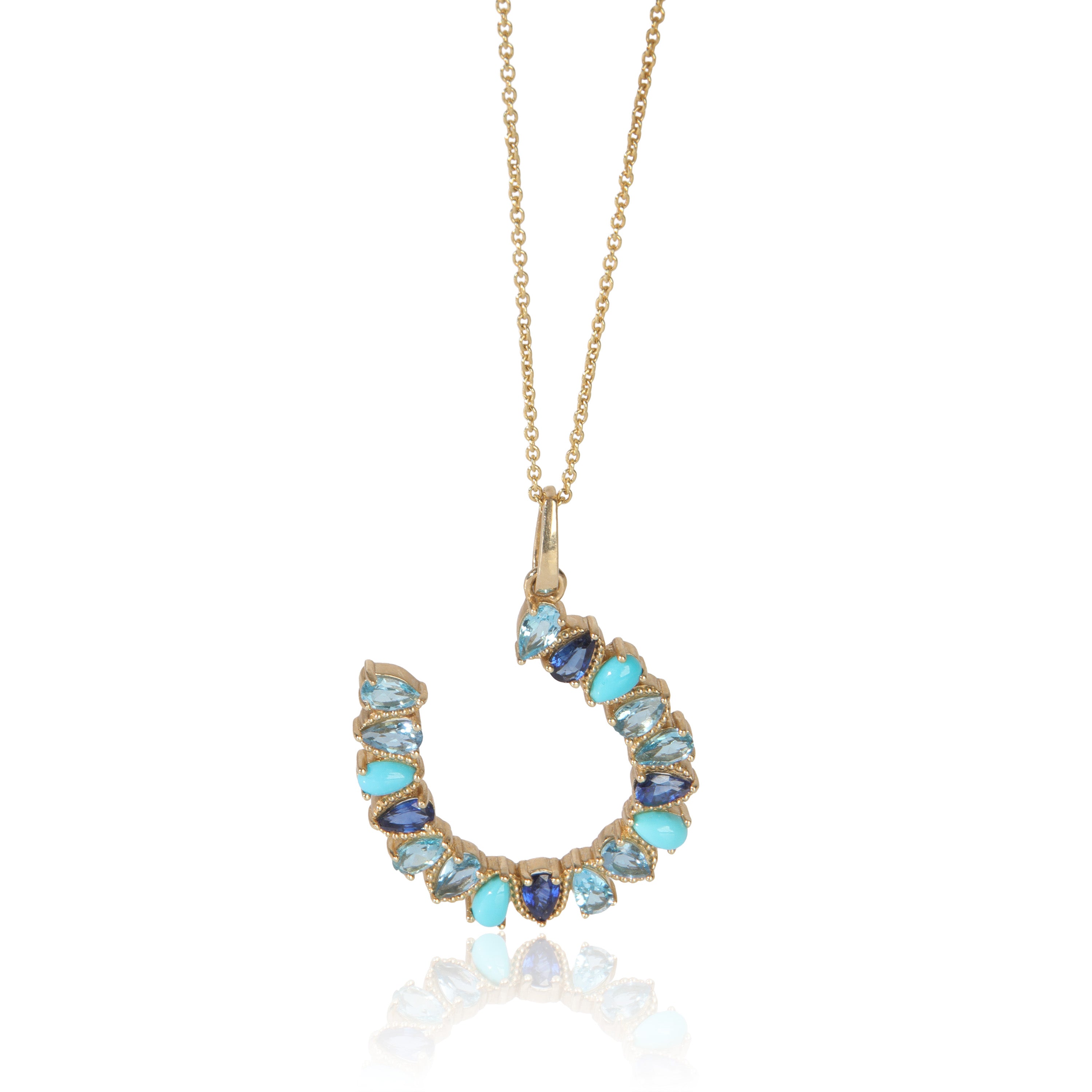 Yellow Gold  Large Mixed Blue Gemstone Horseshoe Pendant
