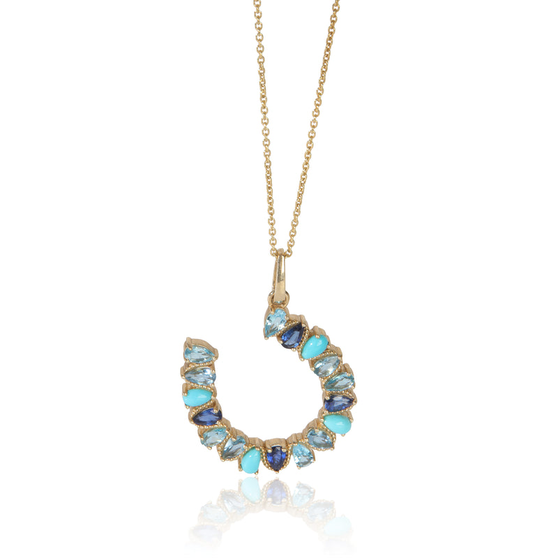 Yellow Gold  Large Mixed Blue Gemstone Horseshoe Pendant