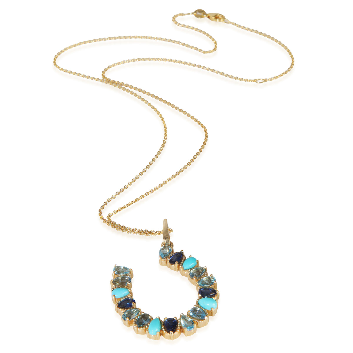 Yellow Gold  Large Mixed Blue Gemstone Horseshoe Pendant