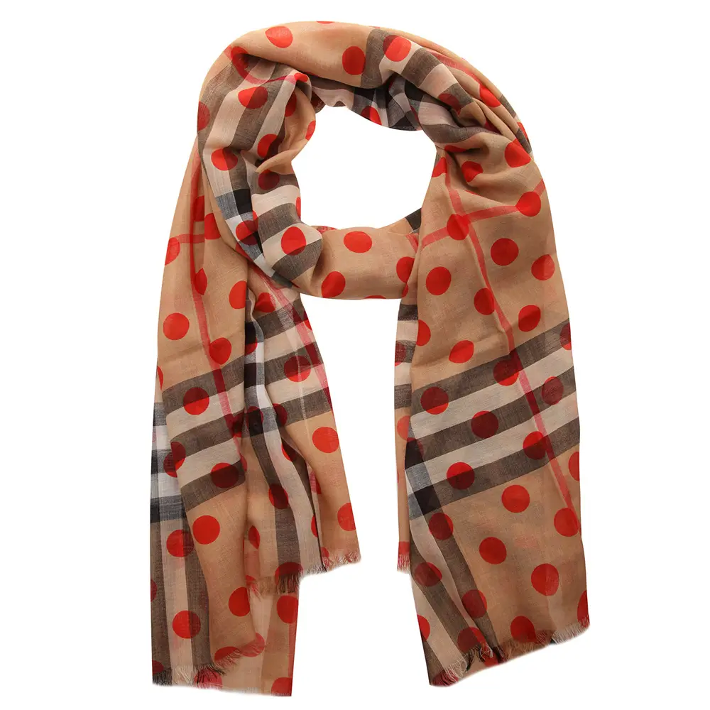 Burberry Military Red Wool Silk Check Polka Dot Gauze Stole