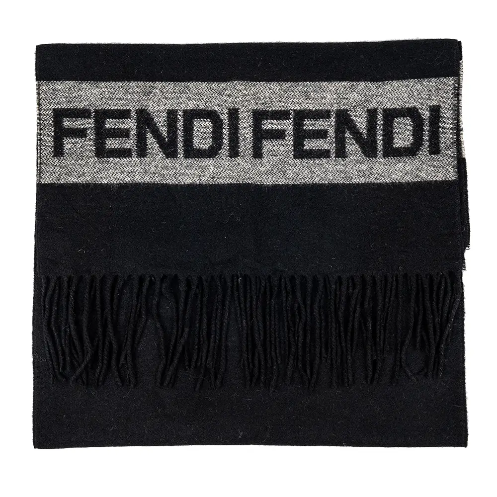 Fendi Black Logo Motif Wool Scarf